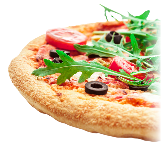 Pizza topped with arugula, tomatoes, and black olives.